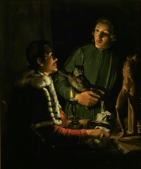 Two Sculptors at Night in Rome, vintage artwork by Attributed to Adam de Coster, 12x8" (A4) Poster