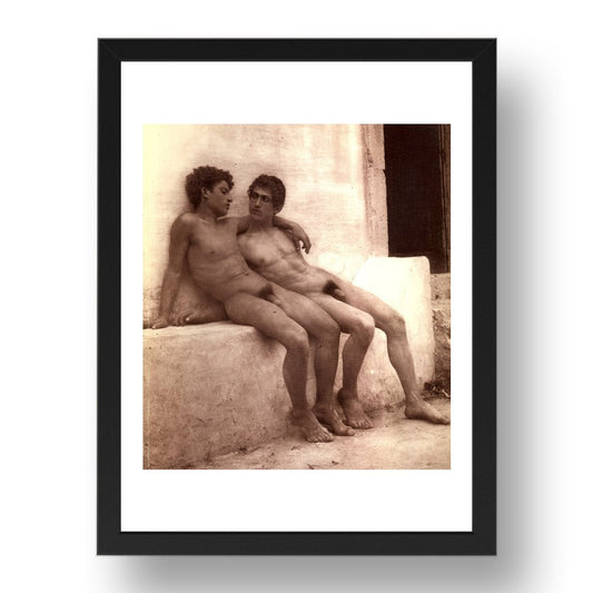 Two Sitting Male Nudes, historic homo-erotic photograph by Wilhelm von Gloeden, 17x13" Frame