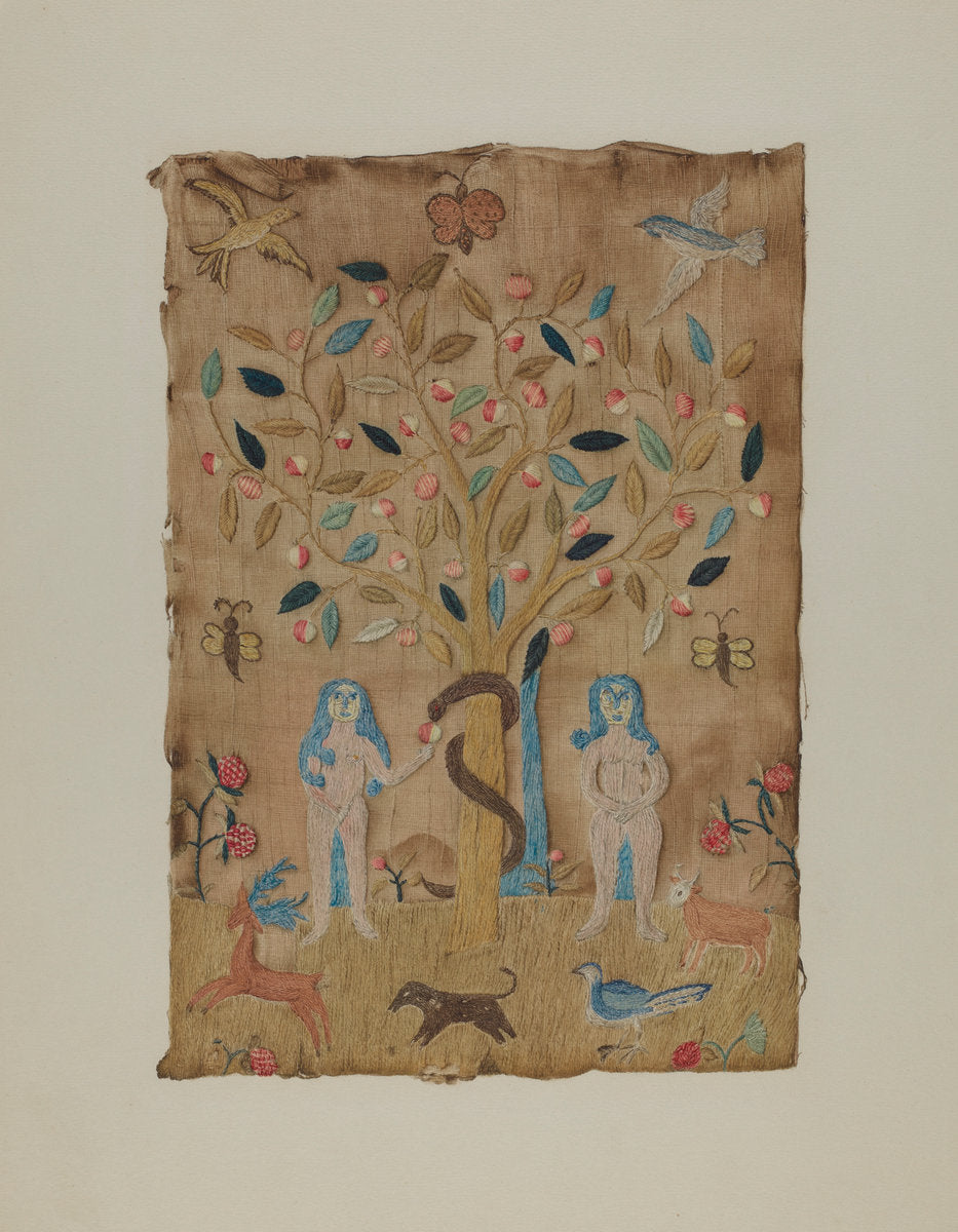 Adam & Eve Embroidered Picture by Martha Elliot (American, active c. 1935), 16X12"(A3)Poster Print