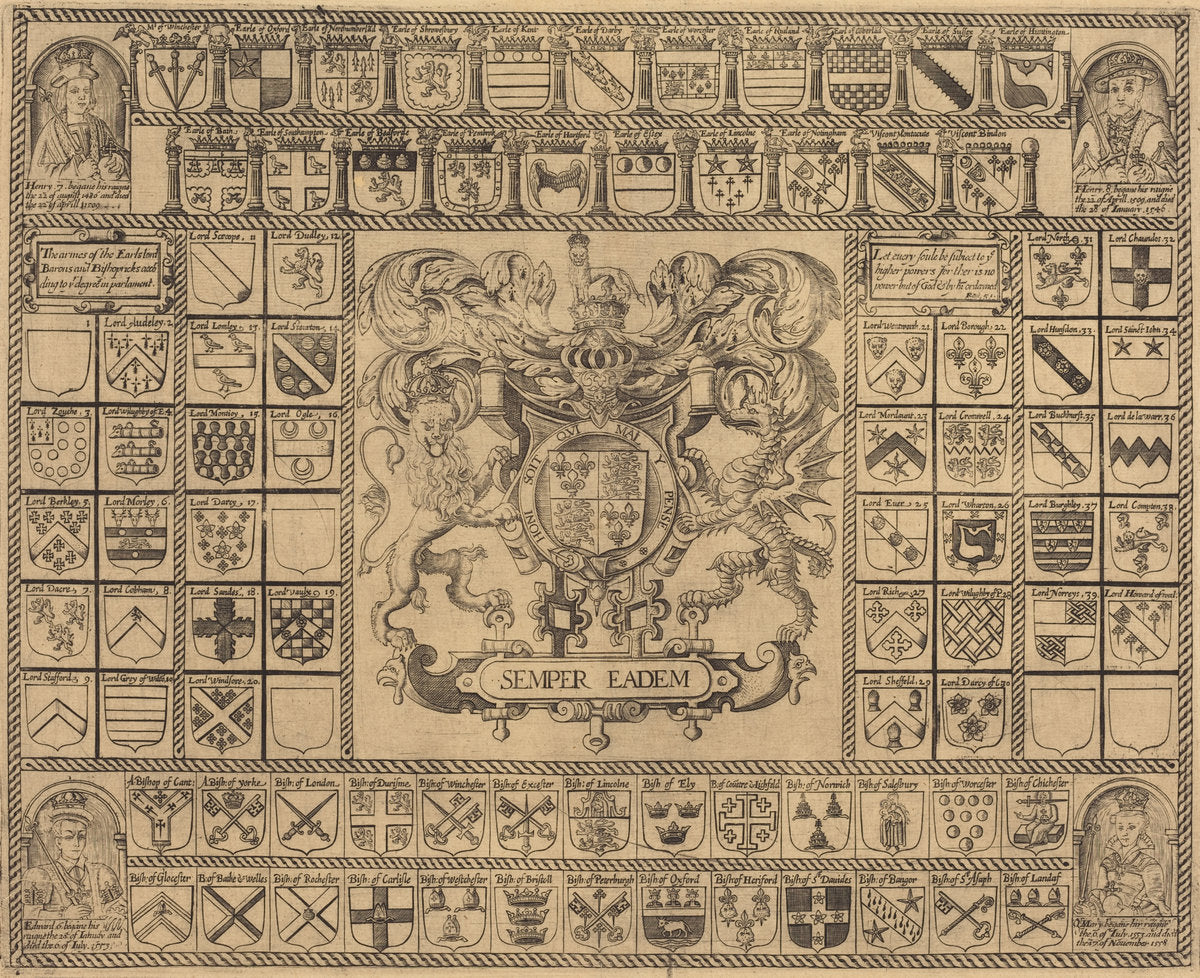 engraving by English 16th Century (Coats of Arms with Corner Portraits of Henry VII, Henry VIII, Edward VI, and Mary), 16X12"(A3)Poster Print
