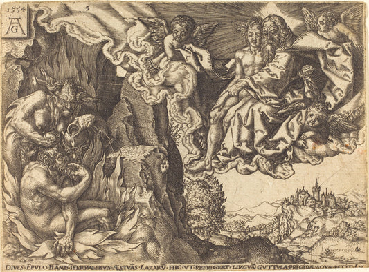 etching by after Heinrich Aldegrever (The Rich Man in Hell), 16X12"(A3)Poster Print