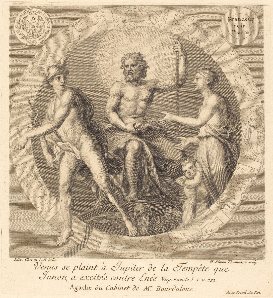 Venus se plaint a Jupiter de la tempete que Junon a excitee contre Enee by Henri Simon Thomassin after Elisabeth Sophie Cheron (French, 1687 - 1741), 16X12"(A3)Poster Print