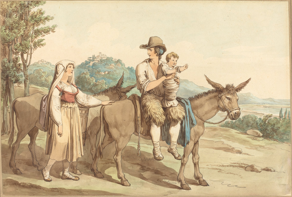 A Peasant Family and Two Donkeys by Bartolomeo Pinelli (Italian, 1781 - 1835), 16X12"(A3)Poster Print