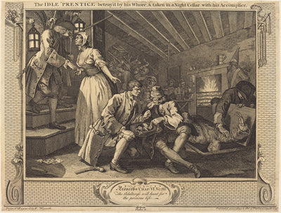 The Idle 'Prentice betray'd by his Whore, & taken in a Night Cellar with his Accomplice by William Hogarth (English, 1697 - 1764), 16X12"(A3)Poster Print