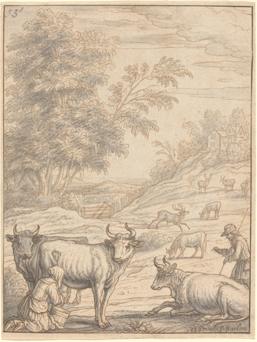 A Meadow with Cattle and Deer by Francis Barlow (English, 1626 - 1702 or 1704), 16X12"(A3)Poster Print