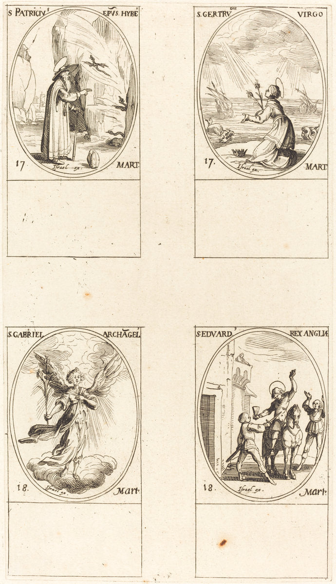 St. Patrick; St. Gertrude; St. Gabriel, Archangel; St. Edward by Jacques Callot (French, 1592 - 1635), 16X12"(A3)Poster Print