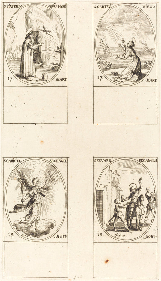 St. Patrick; St. Gertrude; St. Gabriel, Archangel; St. Edward by Jacques Callot (French, 1592 - 1635), 16X12"(A3)Poster Print