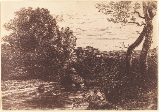 Shepherd's Bath (Le Bain du berger) by Jean-Baptiste-Camille Corot (French, 1796 - 1875), 16X12"(A3)Poster Print