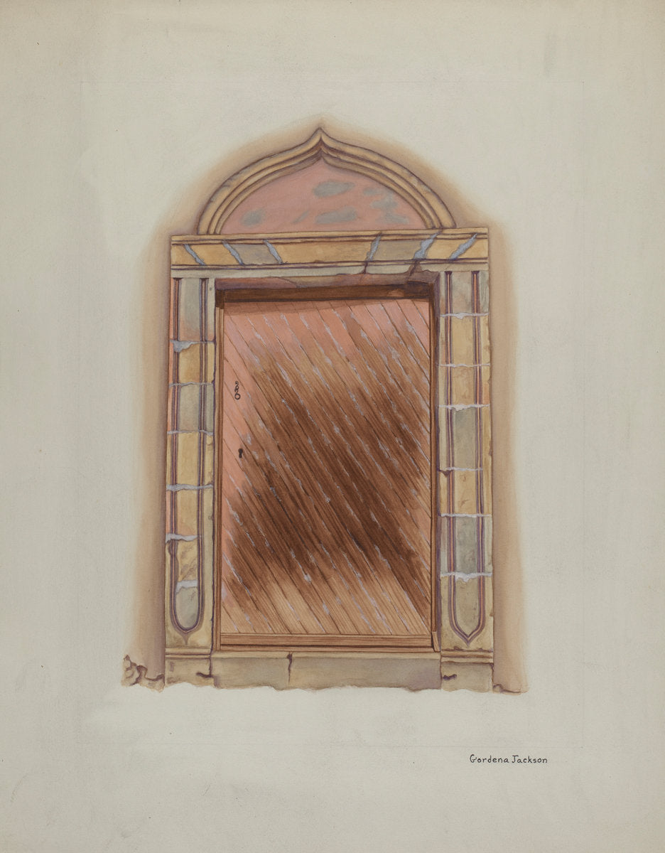 Carved Stone Doorway, Mission San Carlos Borromeo by Gordena Jackson (American, 1900 - 1993), 16X12"(A3)Poster Print
