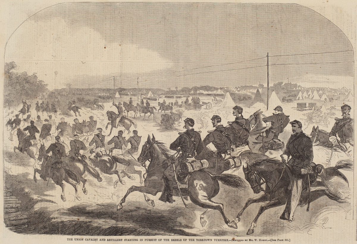 published 1862 by after Winslow Homer (The Union Cavalry and Artillery Starting in Pursuit of the Rebels up the Yorktown Turnpike), 16X12"(A3)Poster Print