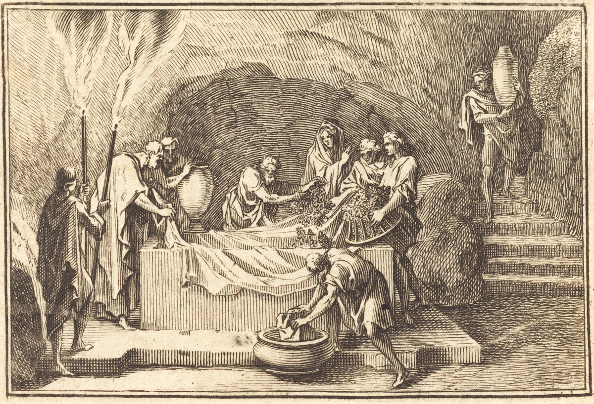 engraving by after Sébastien Le Clerc I (The Body of Christ being Covered with Flowersand Perfume), 16X12"(A3)Poster Print