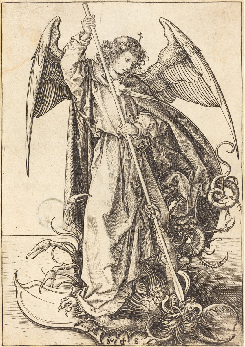 Saint Michael Slaying the Dragon by Martin Schongauer (German, c. 1450 - 1491), 16X12"(A3)Poster Print