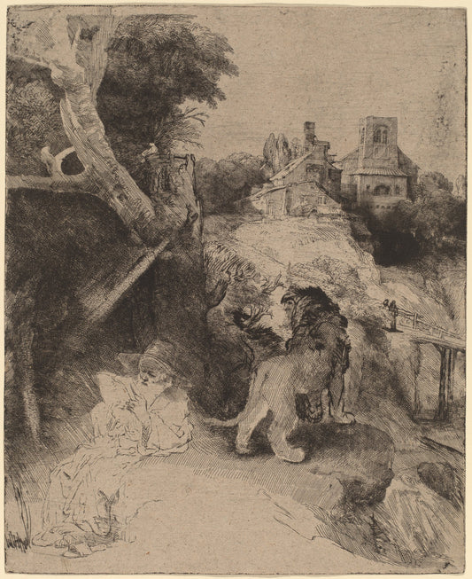Saint Jerome Reading in an Italian Landscape by Rembrandt van Rijn (Dutch, 1606 - 1669), 16X12"(A3)Poster Print