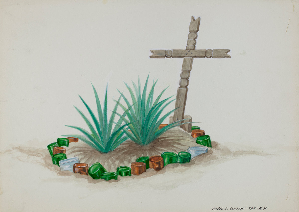 Child's Grave with Wooden Cross - Bottle Decorations by Majel G. Claflin (American, active c. 1935), 16X12"(A3)Poster Print