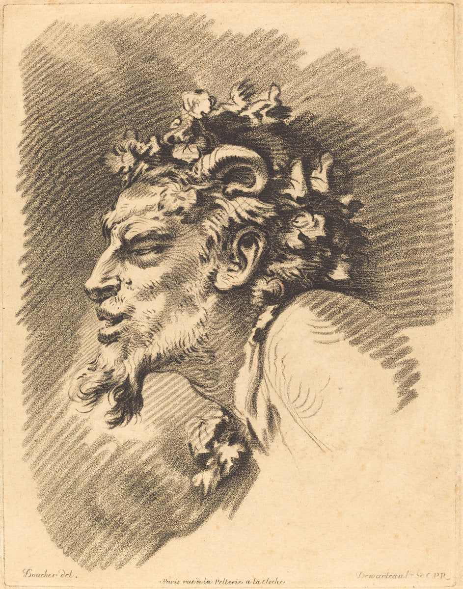 Head of a Faun by Gilles Demarteau, the Elder after François Boucher (French, 1722 - 1776), 16X12"(A3)Poster Print