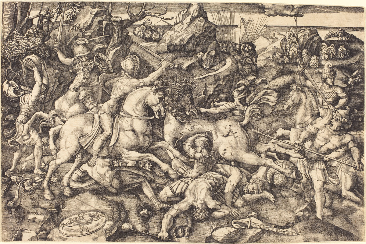 Combat between Horsemen and Foot Soldiers by Hieronymus Hopfer after Raphael (German, active c. 1520 - 1550 or after), 16X12"(A3)Poster Print