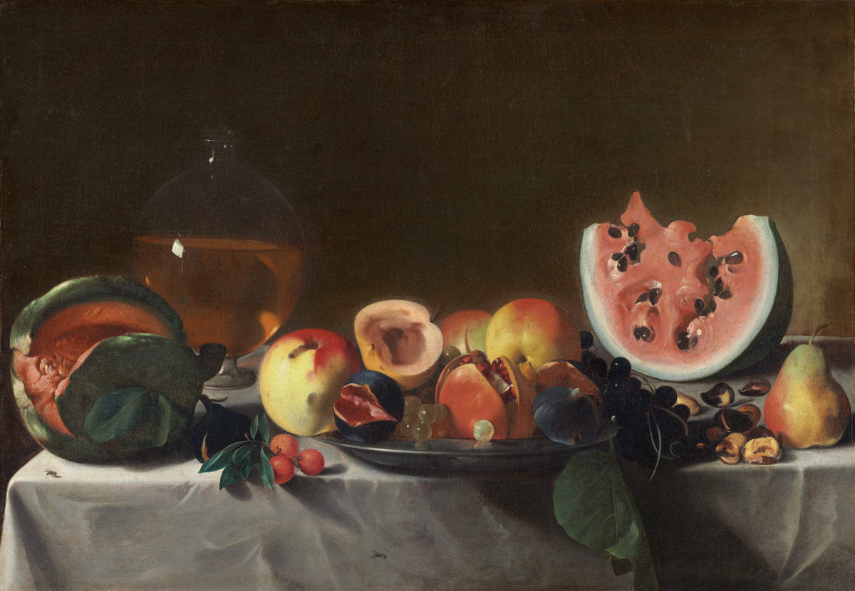 Still Life with Fruit and Carafe by Pensionante del Saraceni (French (?), active c. 1610/1620), 16X12"(A3)Poster Print