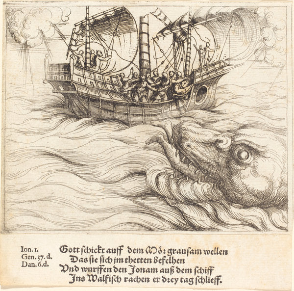 Jonah in the Whale by Augustin Hirschvogel (German, 1503 - 1553), 16X12"(A3)Poster Print