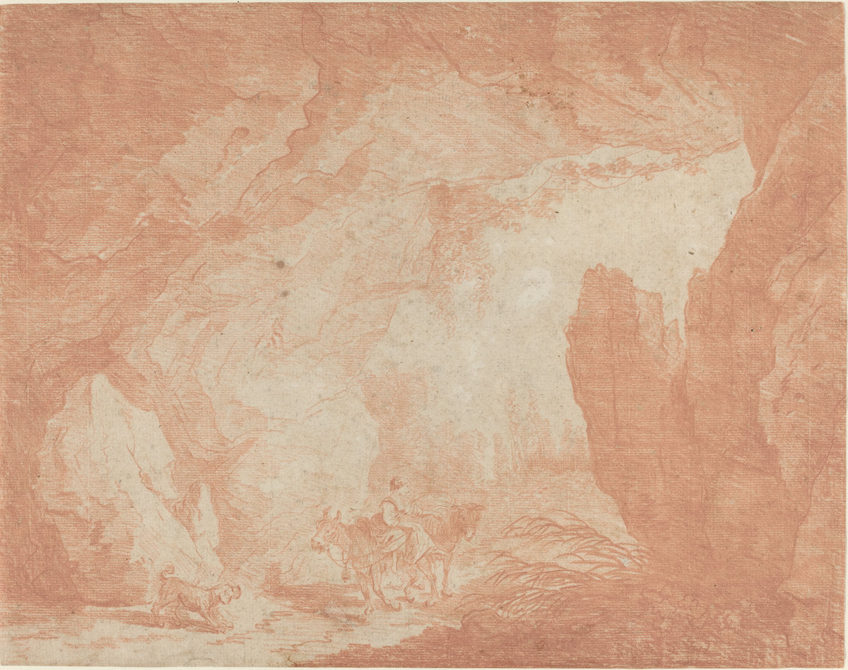 Young Woman with Donkeys Riding under a Natural Bridge by Hubert Robert (French, 1733 - 1808), 16X12"(A3)Poster Print