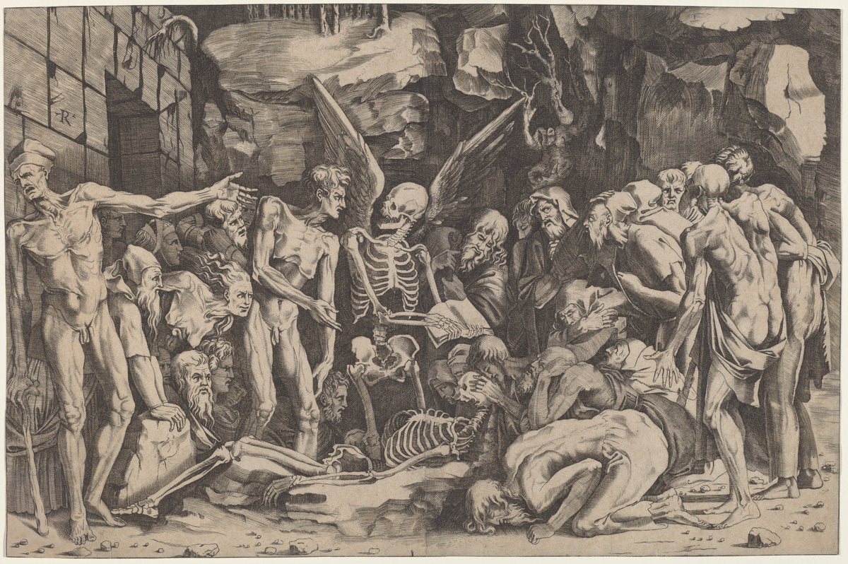 The Skeletons by Marco Dente after Rosso Fiorentino (Italian, c. 1493 - 1527), 16X12"(A3)Poster Print