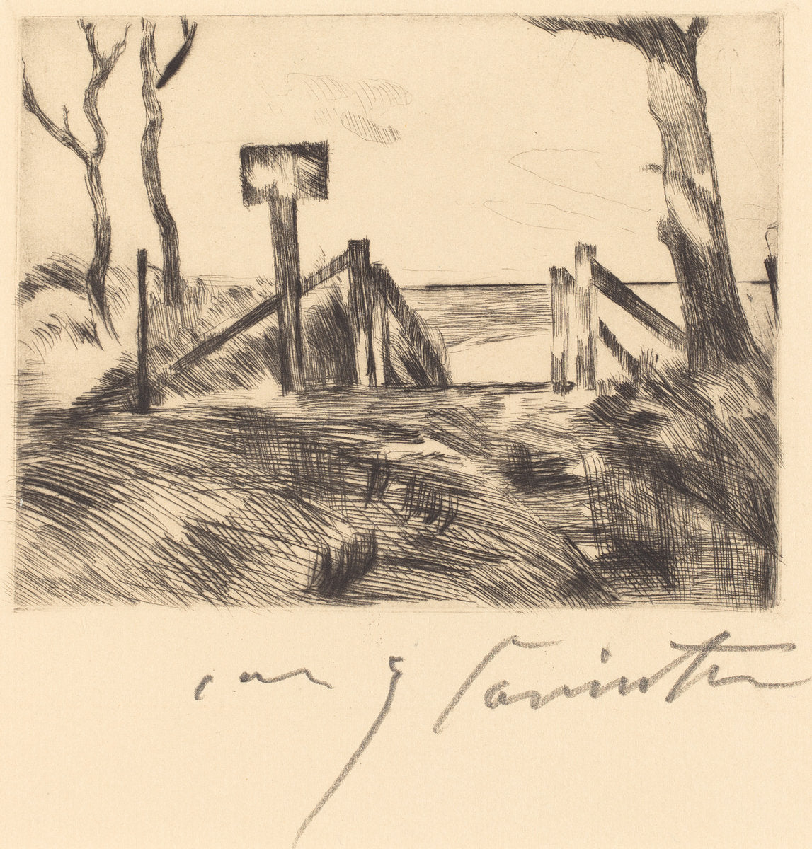 Bridge with Sign (Brücke mit Tafel) by Lovis Corinth (German, 1858 - 1925), 16X12"(A3)Poster Print