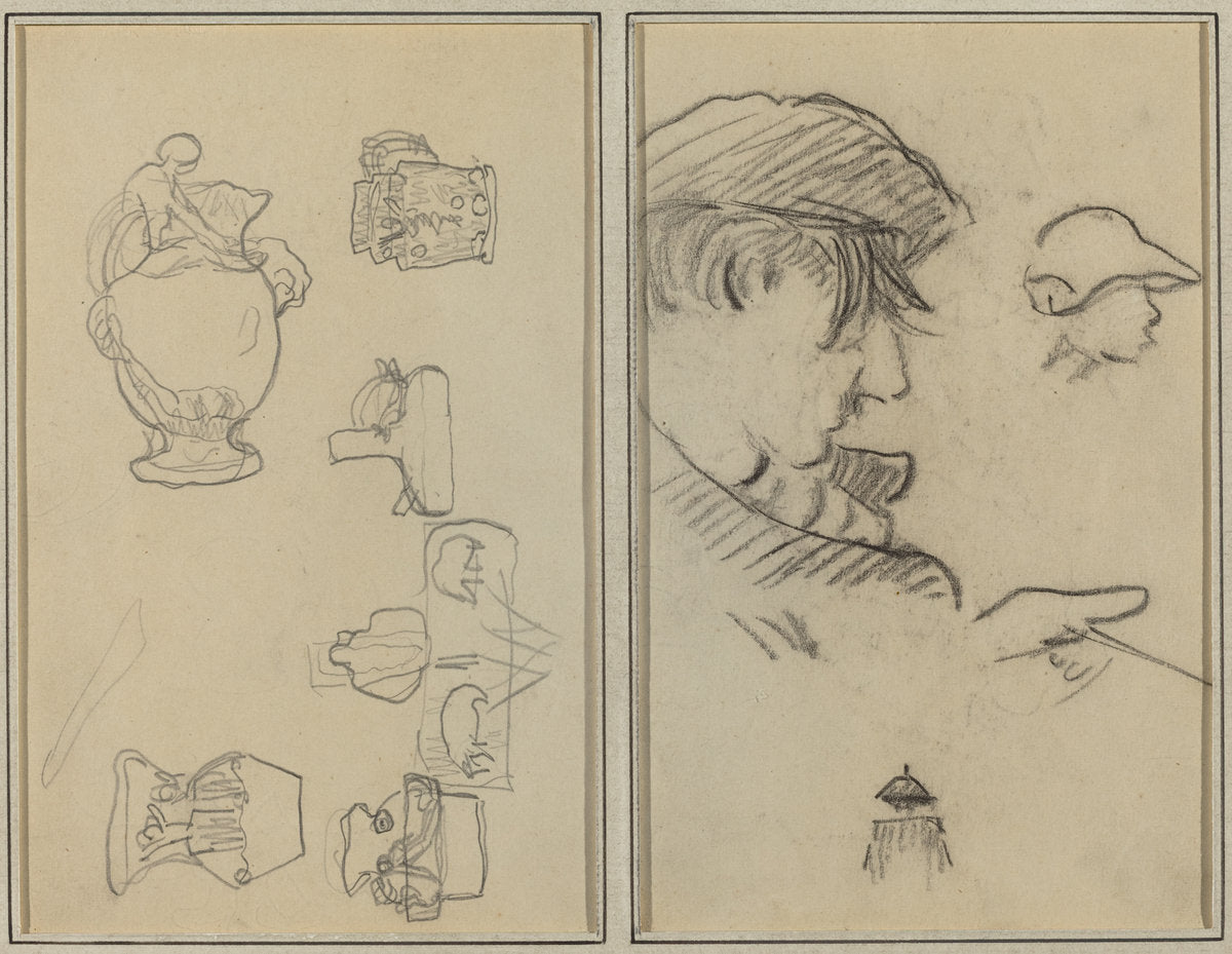 Studies of Jugs and Vases; A Man with Moustache and a Boy with a Hat [recto] by Paul Gauguin (French, 1848 - 1903), 16X12"(A3)Poster Print