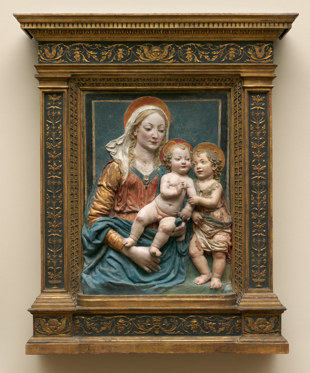 painted terracotta by Follower of Andrea del Verrocchio (Virgin and Child with Saint John), 16X12"(A3)Poster Print