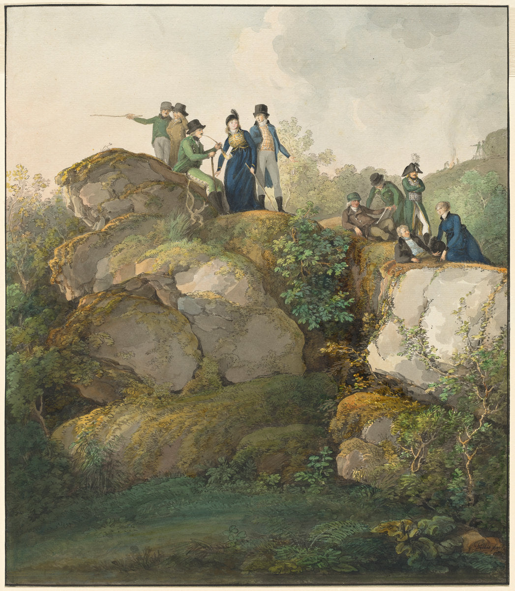 A Royal Party Admiring the Sunset atop the Hesselberg Mountain by Johann Georg von Dillis (German, 1759 - 1841), 16X12"(A3)Poster Print