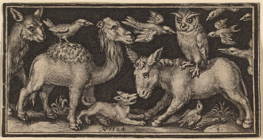 Owl on Back of Donkey, Bird on Back of Camel with Other Animals by Nicolaes de Bruyn (Flemish, 1565/1571 - 1656), 16X12"(A3)Poster Print