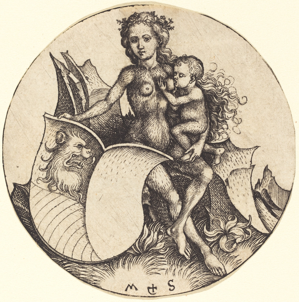 Shield with Lion's Head, Held by Wild Woman by Martin Schongauer (German, c. 1450 - 1491), 16X12"(A3)Poster Print