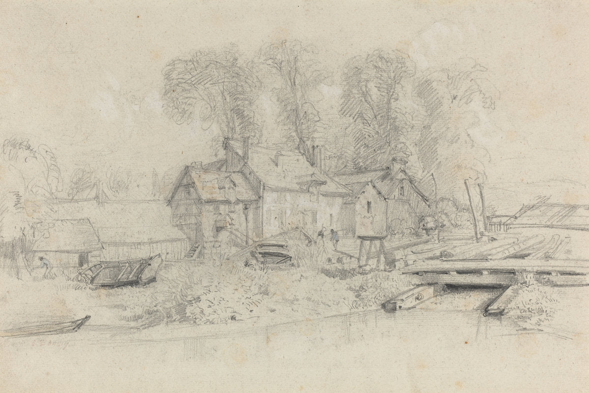 River Landscape with Buildings, Boats, and Figures by Eugène Boudin (French, 1824 - 1898), 16X12"(A3)Poster Print
