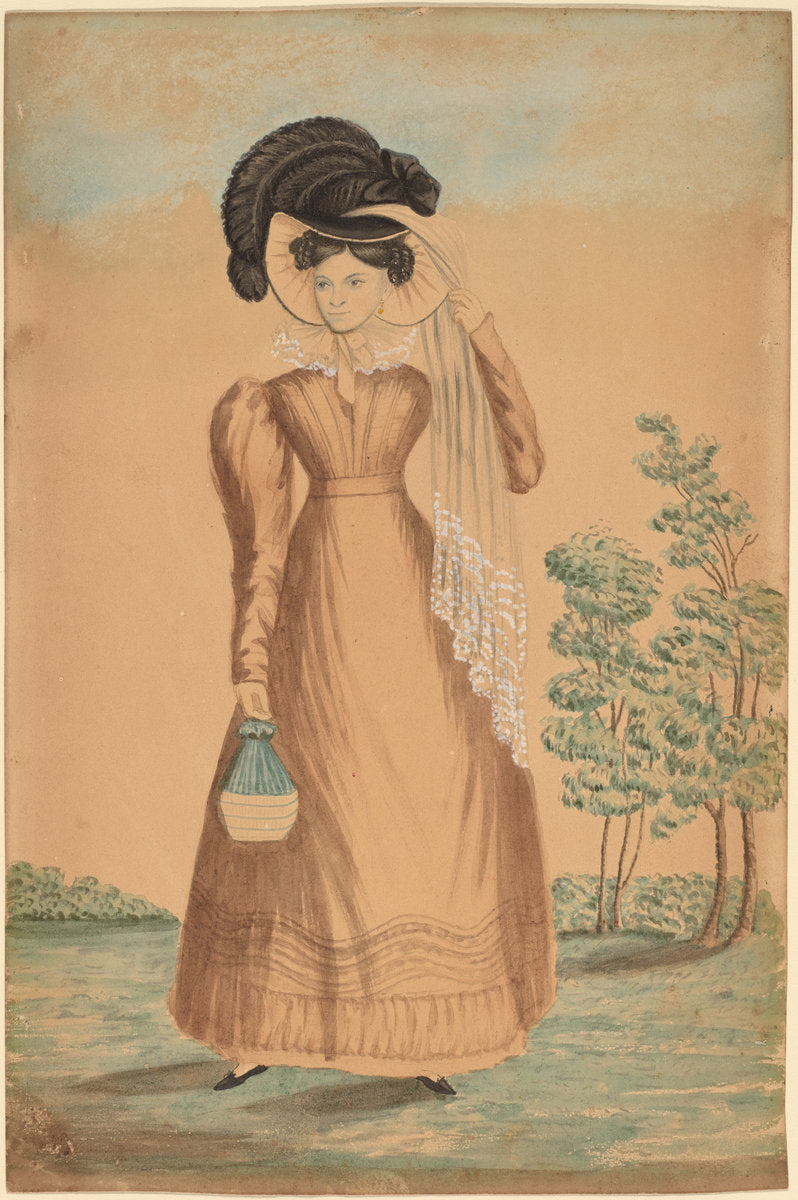 c. 1825 by American 19th Century (Woman with Plumed Hat), 16X12"(A3)Poster Print