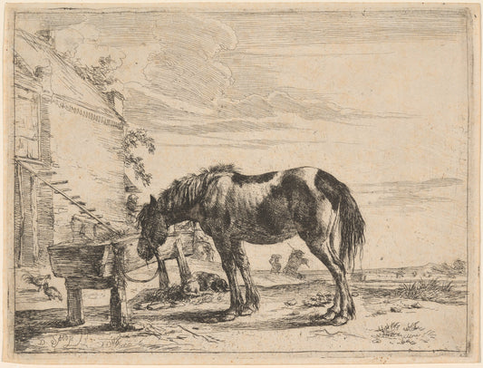 A Horse Bound to a Feeding Trough by Dirck Stoop (Dutch, 1618 - 1676), 16X12"(A3)Poster Print