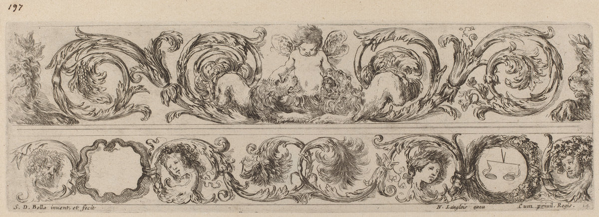 Two Ornamental Bands with Cupid and Heads of the Four Seasons by Stefano Della Bella (Italian, 1610 - 1664), 16X12"(A3)Poster Print