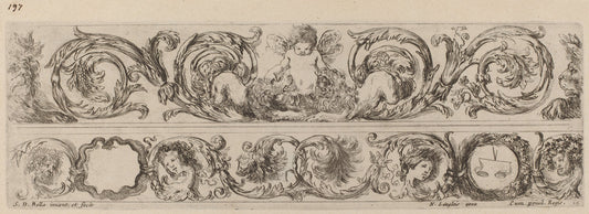 Two Ornamental Bands with Cupid and Heads of the Four Seasons by Stefano Della Bella (Italian, 1610 - 1664), 16X12"(A3)Poster Print