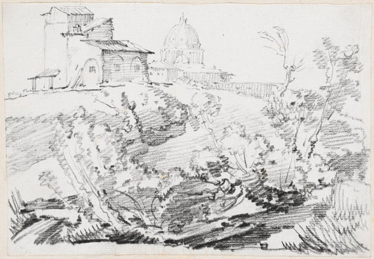 A Building on a Hill with Saint Peter's in the Distance by Joseph-Marie Vien (French, 1716 - 1809), 16X12"(A3)Poster Print