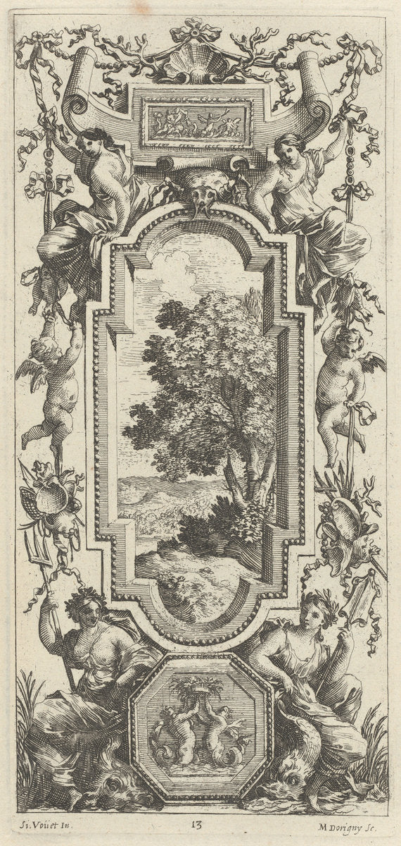 Ornamental Panel Surmounted by a Maritime Scene and a Shell by Michel Dorigny, after Simon Vouet (French, 1617 - 1665), 16X12"(A3)Poster Print