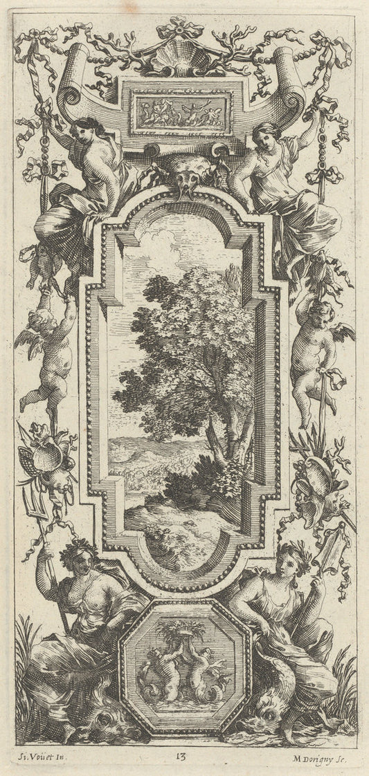 Ornamental Panel Surmounted by a Maritime Scene and a Shell by Michel Dorigny, after Simon Vouet (French, 1617 - 1665), 16X12"(A3)Poster Print