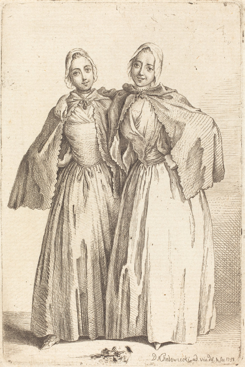 Two Standing Ladies (Demoiselles Quantin) by Daniel Nikolaus Chodowiecki (German, 1726 - 1801), 16X12"(A3)Poster Print