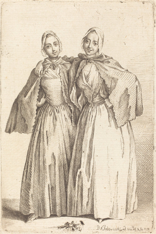 Two Standing Ladies (Demoiselles Quantin) by Daniel Nikolaus Chodowiecki (German, 1726 - 1801), 16X12"(A3)Poster Print