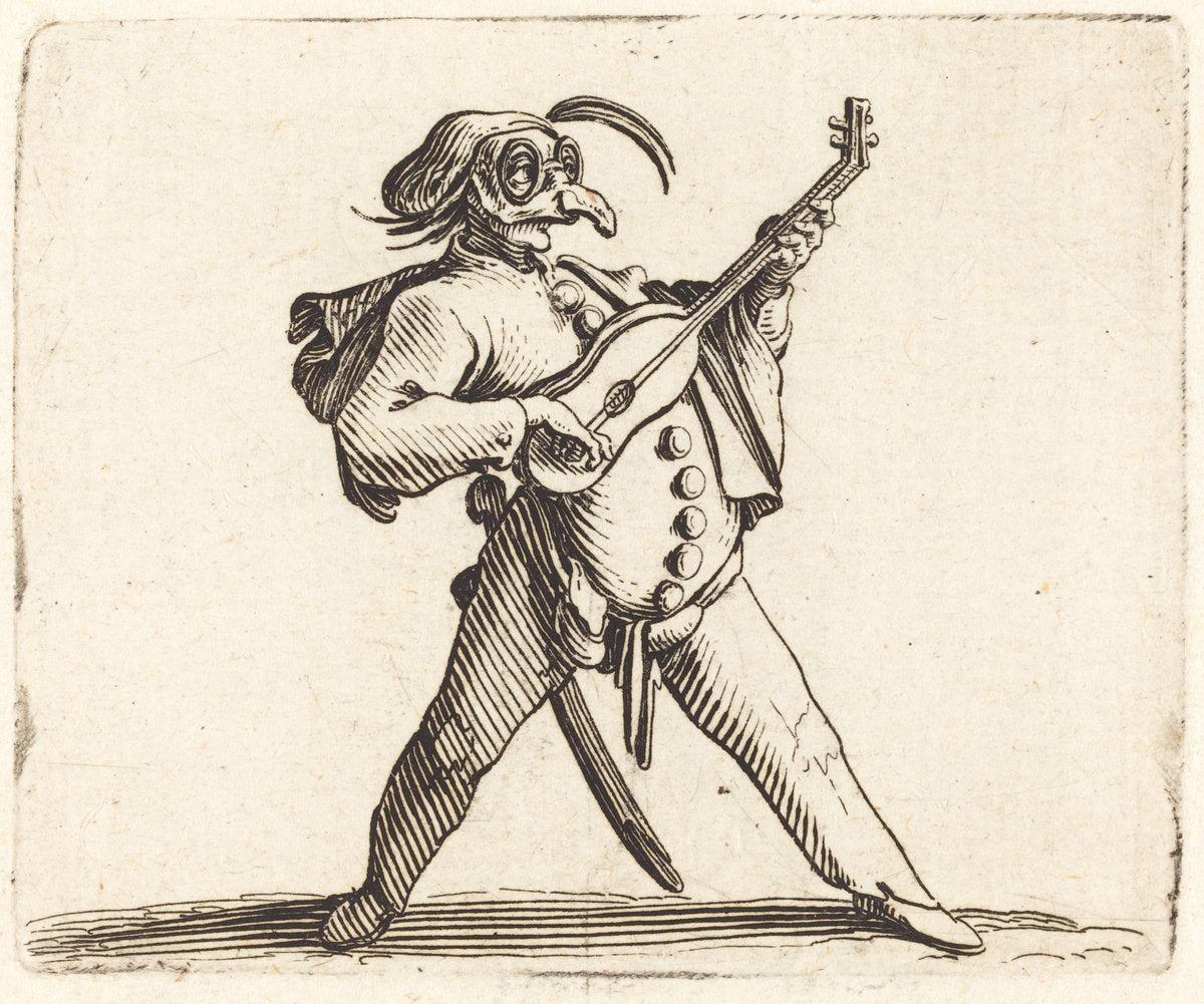 The Masked Comedian Playing a Guitar by Jacques Callot (French, 1592 - 1635), 16X12"(A3)Poster Print