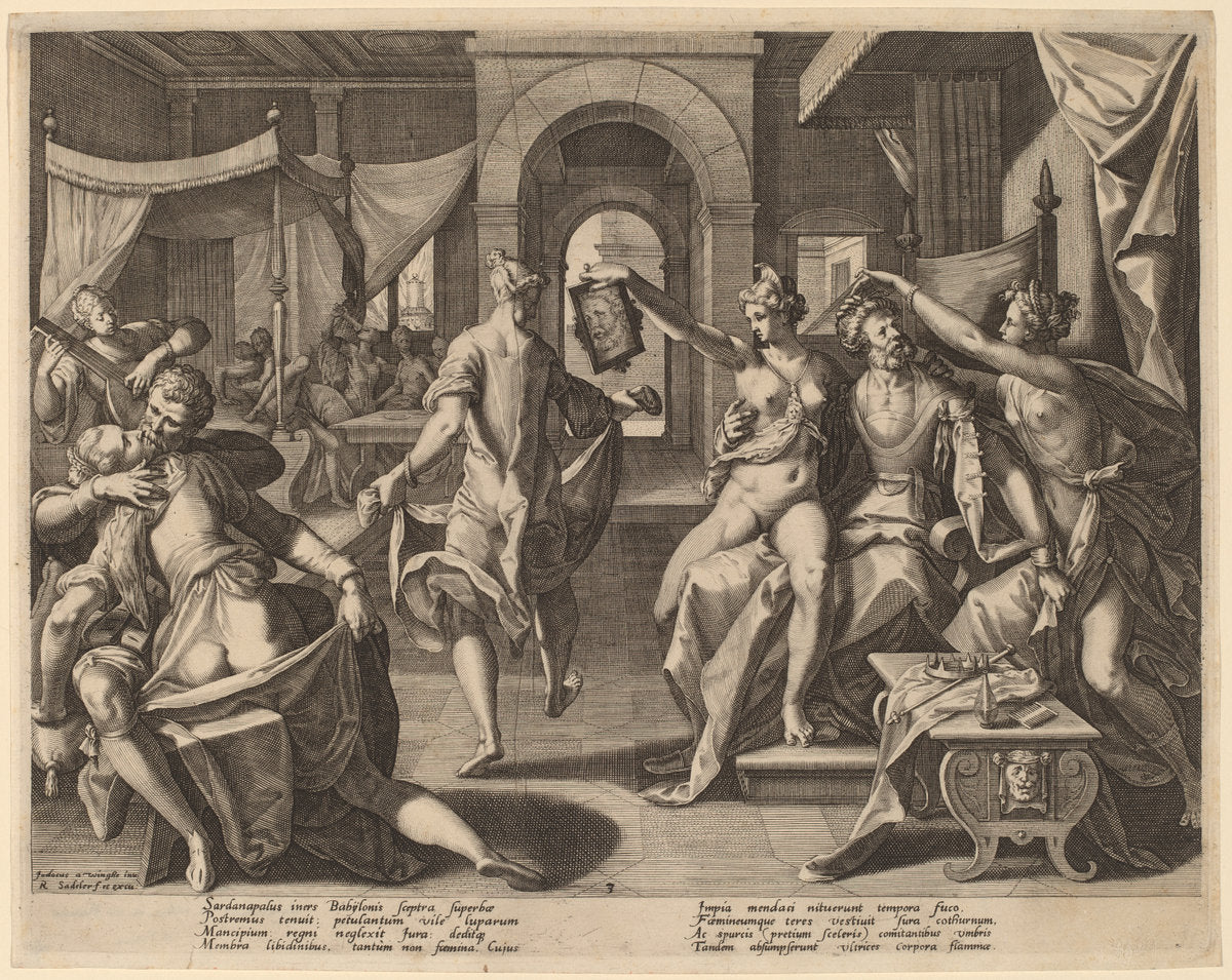 Sardanapalus among the Concubines by Raphael Sadeler I after Joos van Winghe (Flemish, 1560/1561 - 1628 or 1632), 16X12"(A3)Poster Print
