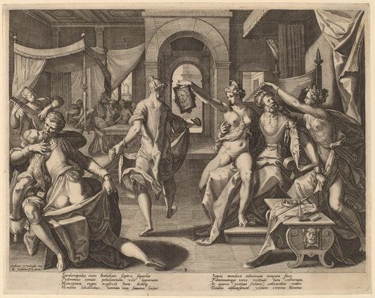 Sardanapalus among the Concubines by Raphael Sadeler I after Joos van Winghe (Flemish, 1560/1561 - 1628 or 1632), 16X12"(A3)Poster Print