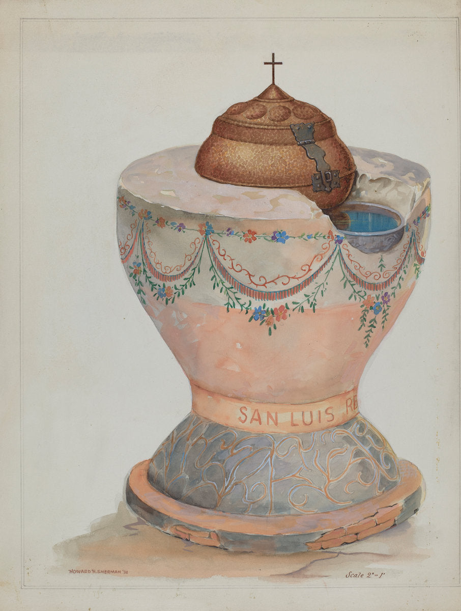Baptismal Font at San Luis Rey Mission Church by Howard H. Sherman (American, active c. 1935), 16X12"(A3)Poster Print