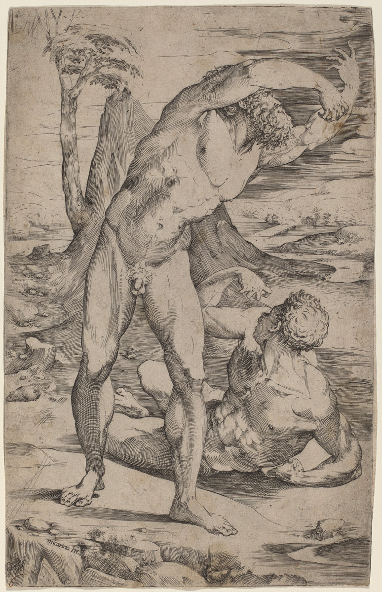 Two Male Nudes Gesturing in a Landscape by Domenico Beccafumi (Italian, c. 1485 - 1551), 16X12"(A3)Poster Print