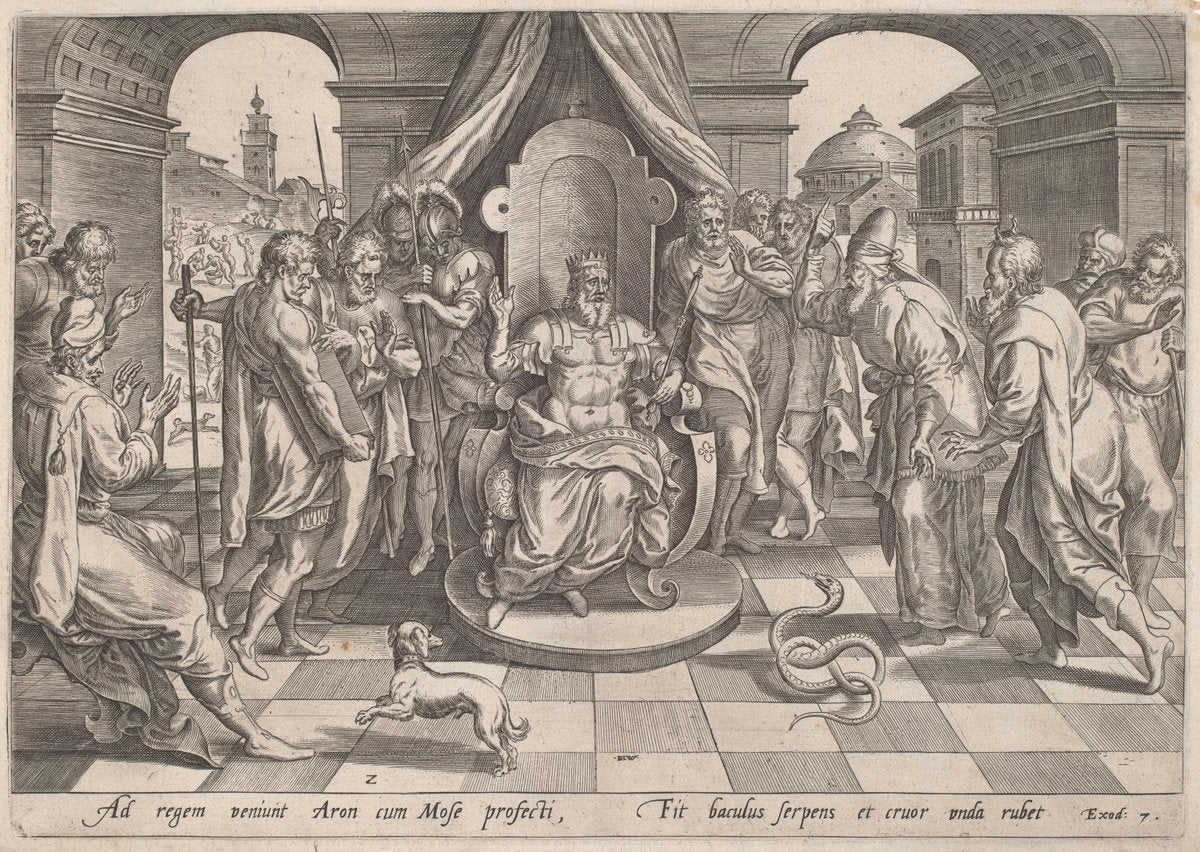 Moses and Aaron before the Pharaoh by Johan Wierix, after Maarten van Cleef (Flemish, c. 1549 - 1615 or after), 16X12"(A3)Poster Print