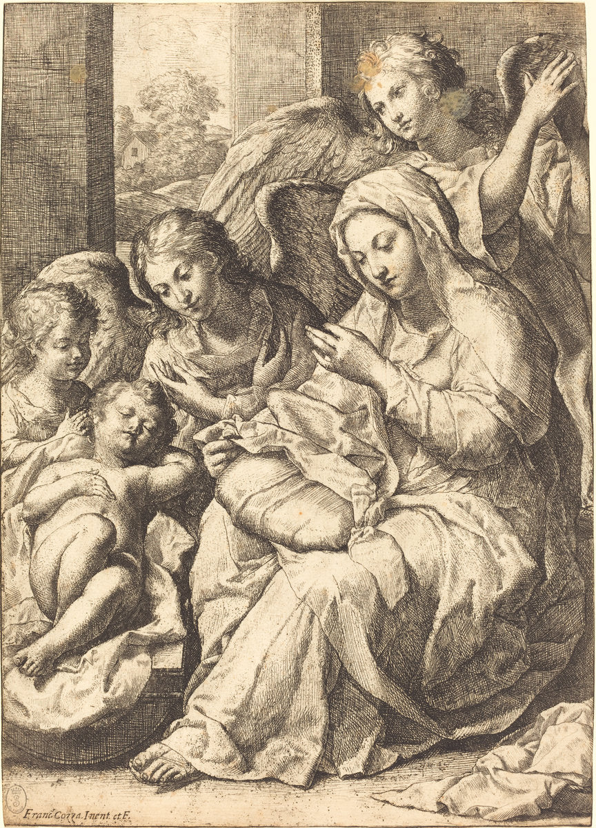 Virgin and Angels Watching Over the Sleeping Infant Jesus by Francesco Cozza (Italian, 1605 - 1682), 16X12"(A3)Poster Print