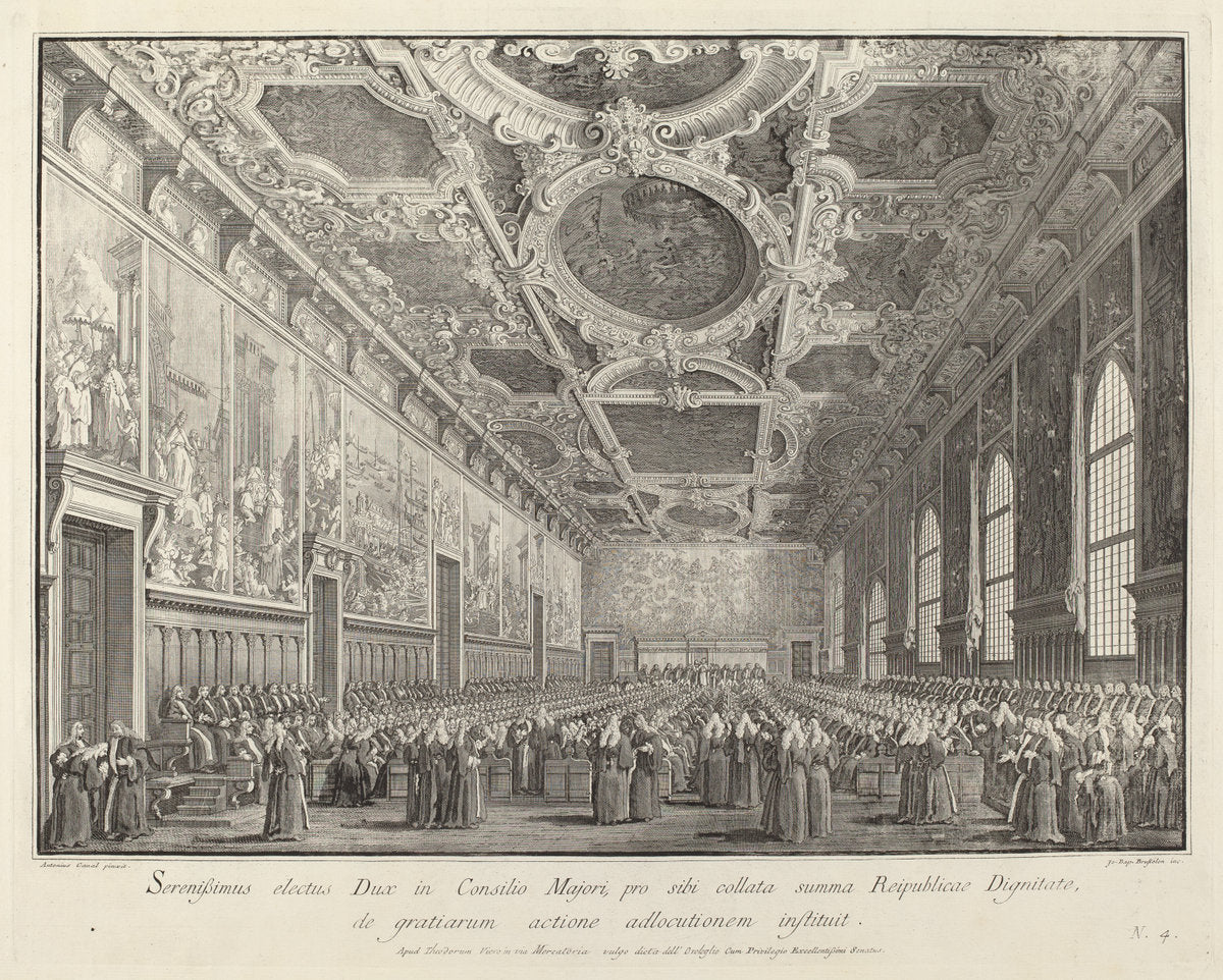 The Doge Returns Thanks in the Sala del Consiglio Maggior by Giovanni Battista Brustolon after Canaletto (Italian, 1712 - 1796), 16X12"(A3)Poster Print