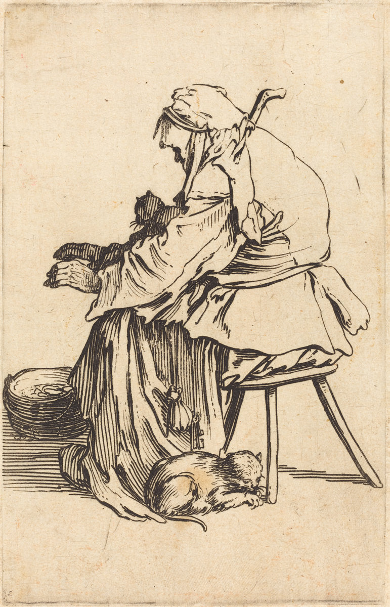 Old Woman with Cats by Jacques Callot (French, 1592 - 1635), 16X12"(A3)Poster Print