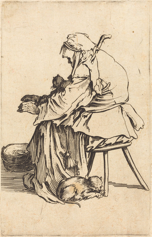 Old Woman with Cats by Jacques Callot (French, 1592 - 1635), 16X12"(A3)Poster Print